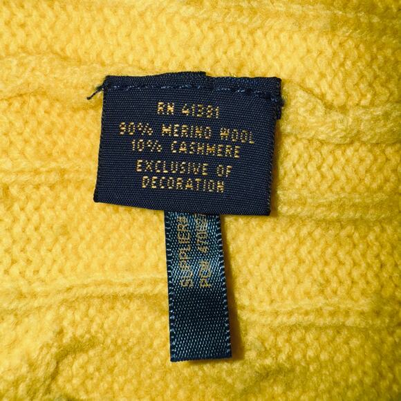 Ralph Lauren Sweater Womens Medium Bright Yellow Wool Cashmere Cable Knit Crew - Picture 7 of 7